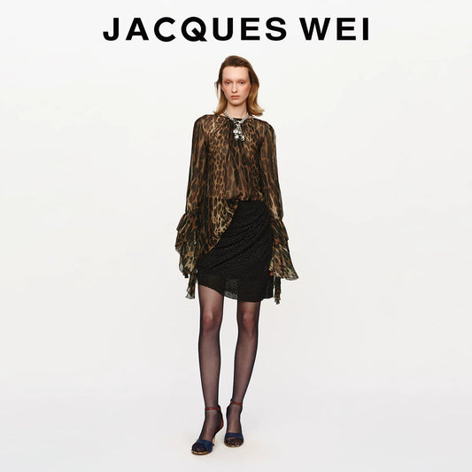 Leopard-Print Sheer Blouse with Petal-Edge Sleeves