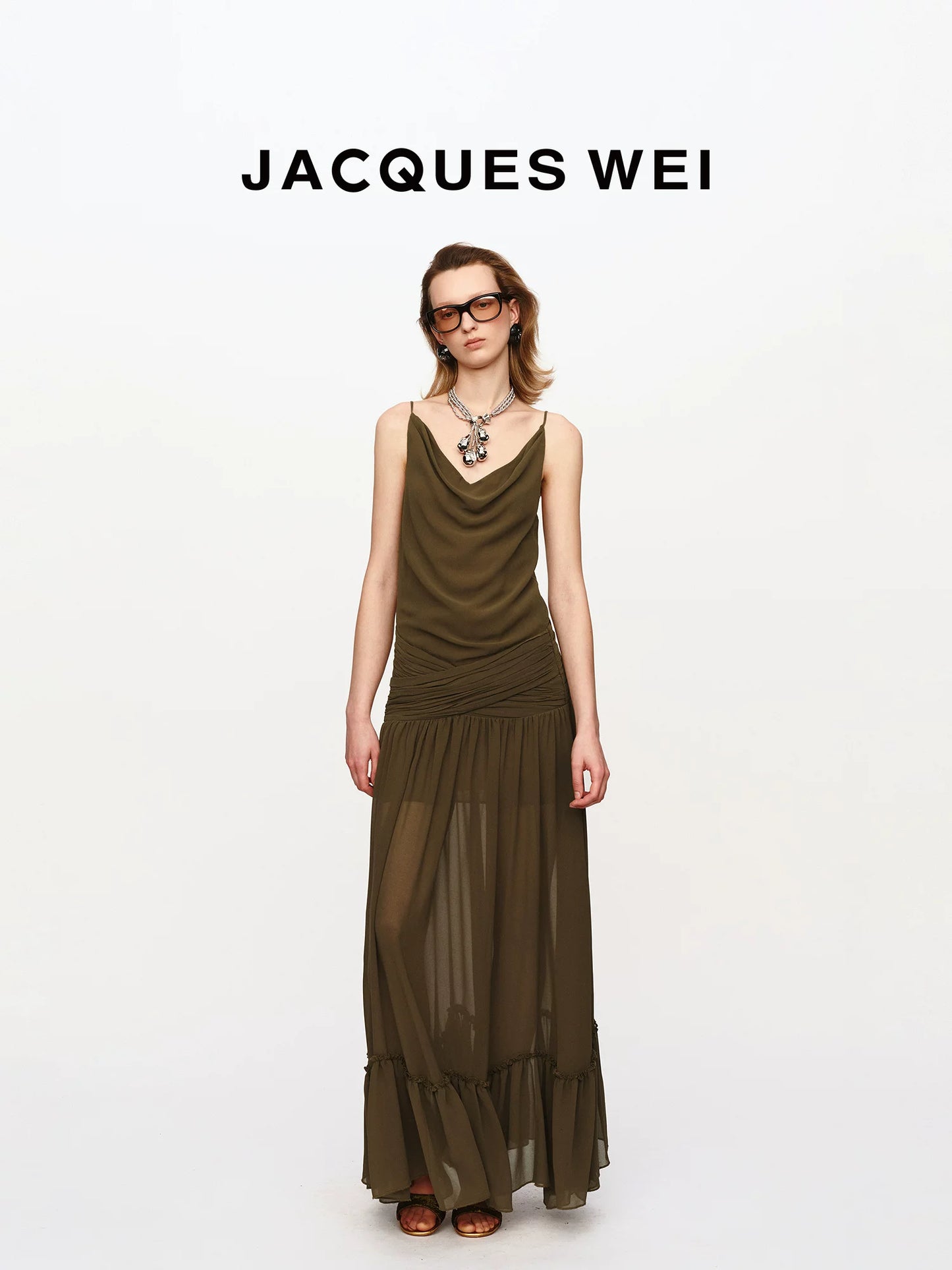 Olive Green Ruched-Waist Sheer Suspender Dress