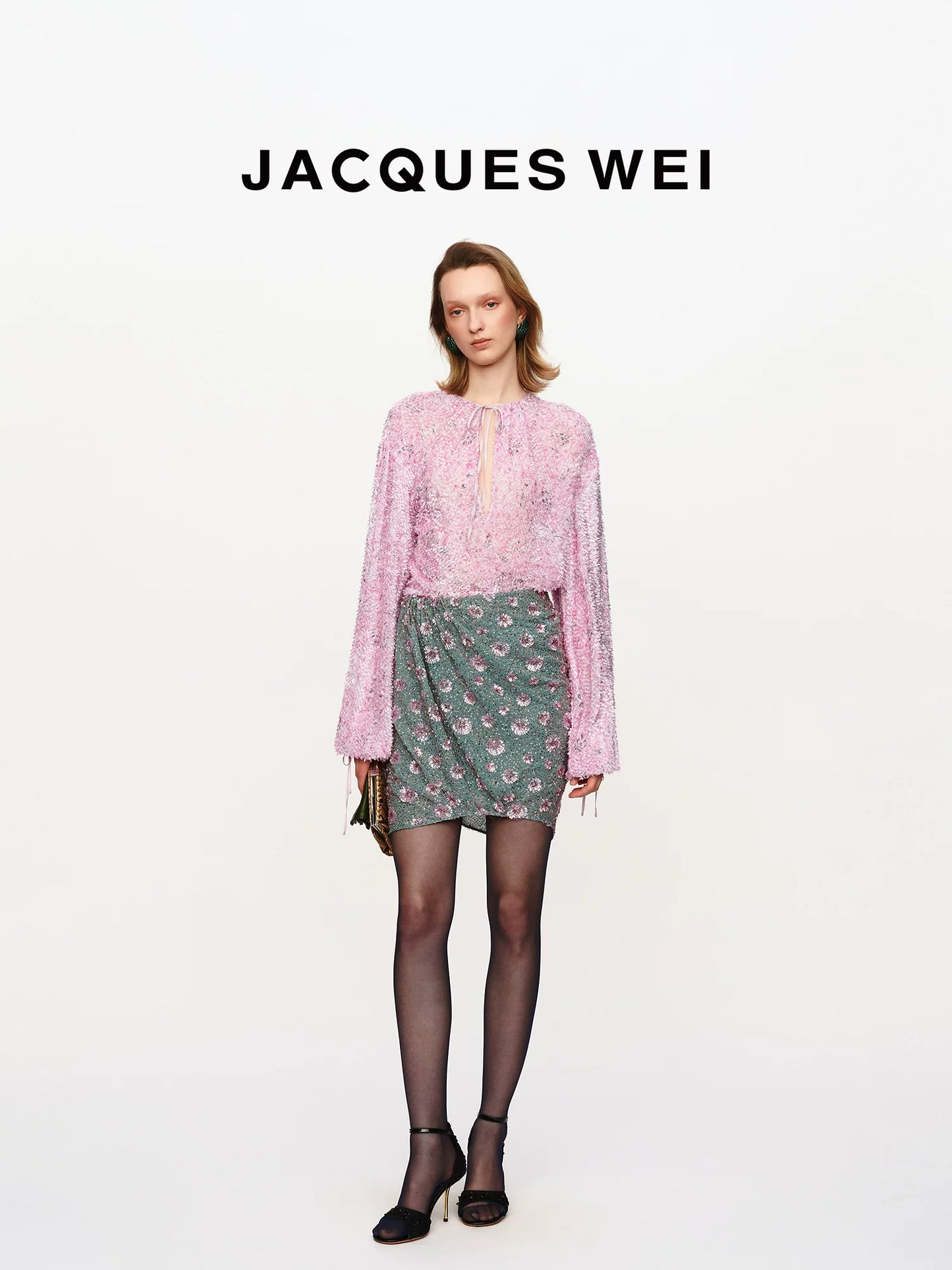 Pink Frayed Silk-Blend Irregular V-Neck Tie Blouse