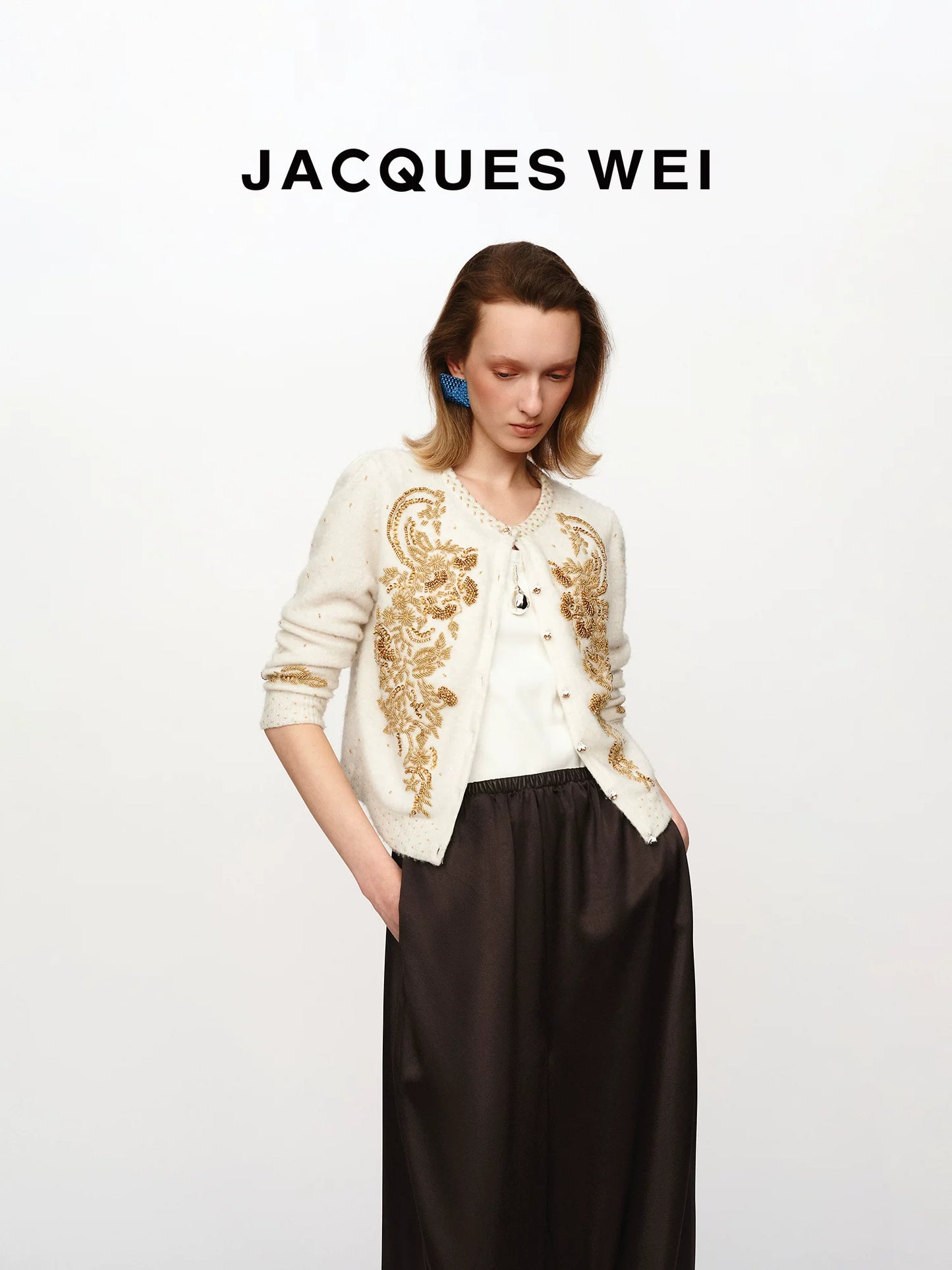 White Platinum Floral Beaded Wool Cardigan