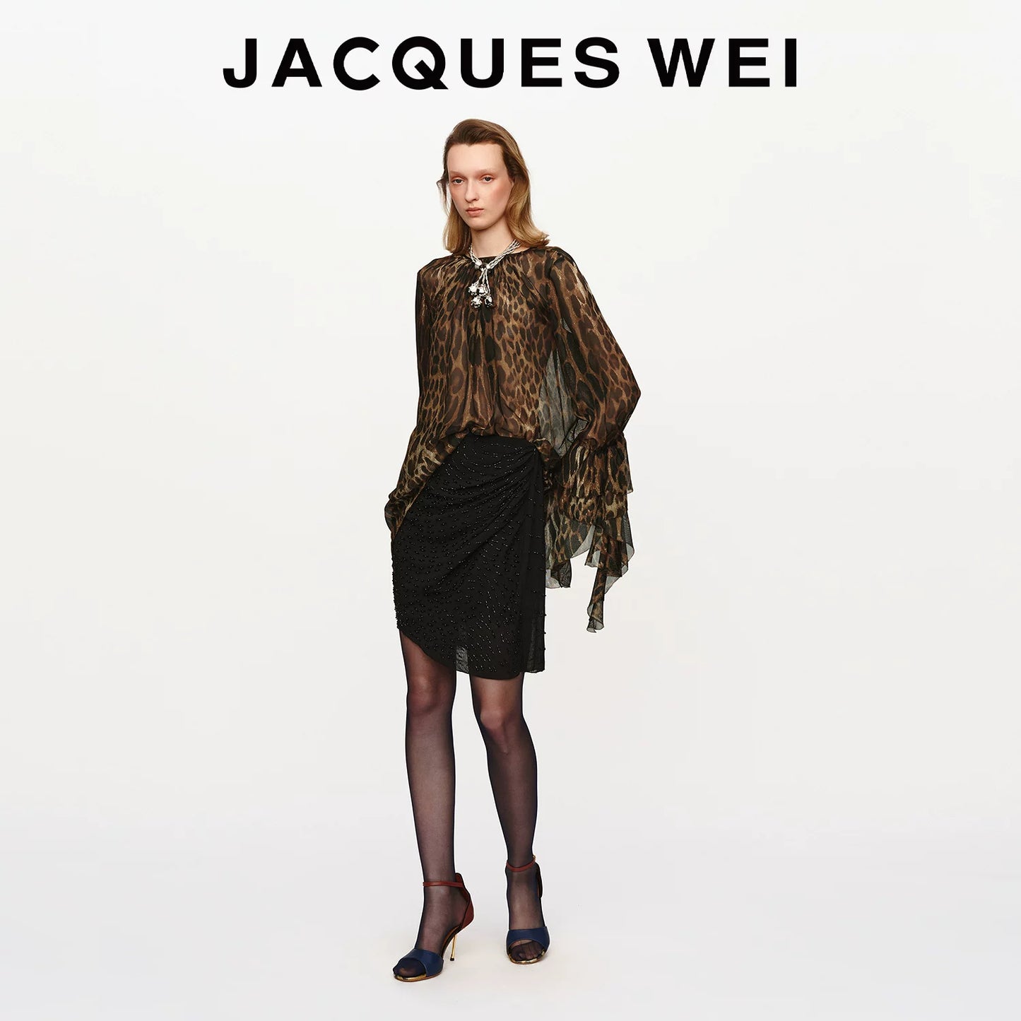 Leopard-Print Sheer Blouse with Petal-Edge Sleeves