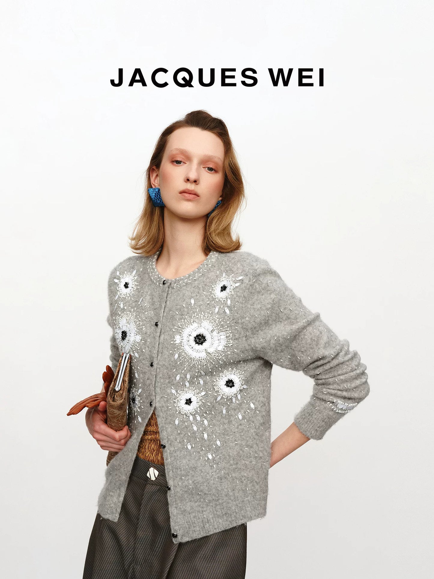 Gray Floral Beaded Wool Cardigan
