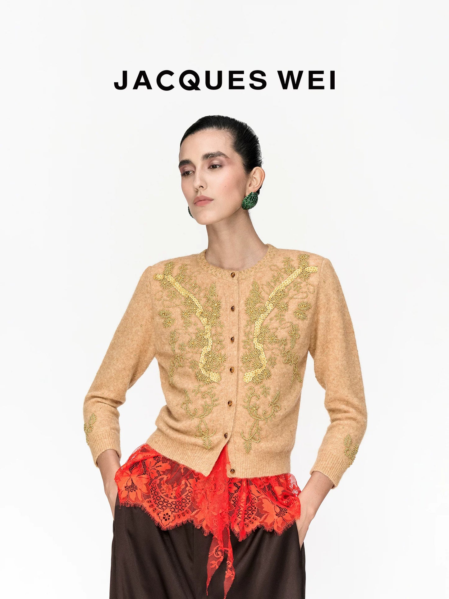 Handcrafted Floral Beaded Wool Cardigan in Light Camel