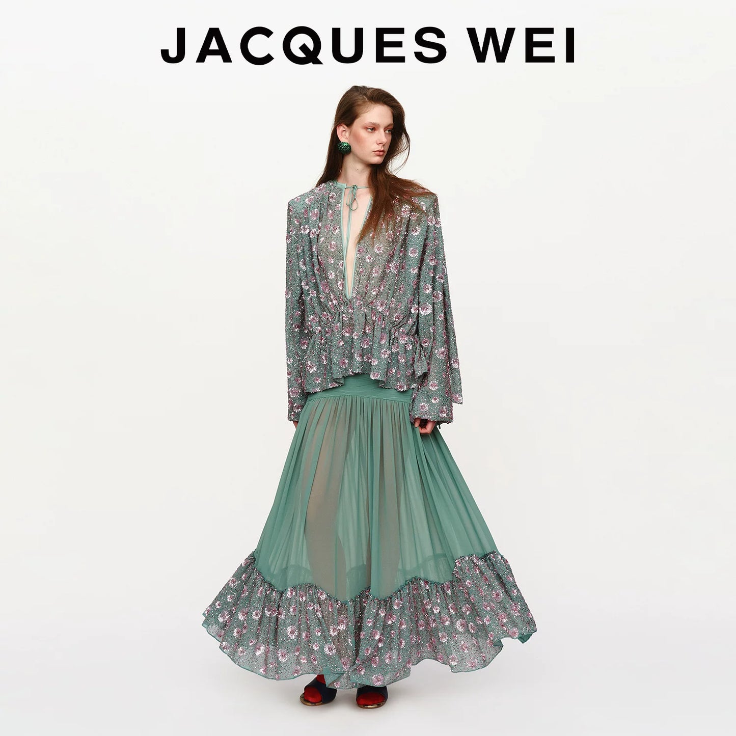 Aqua Green Sequin-Embroidered V-Neck Belted Shirt
