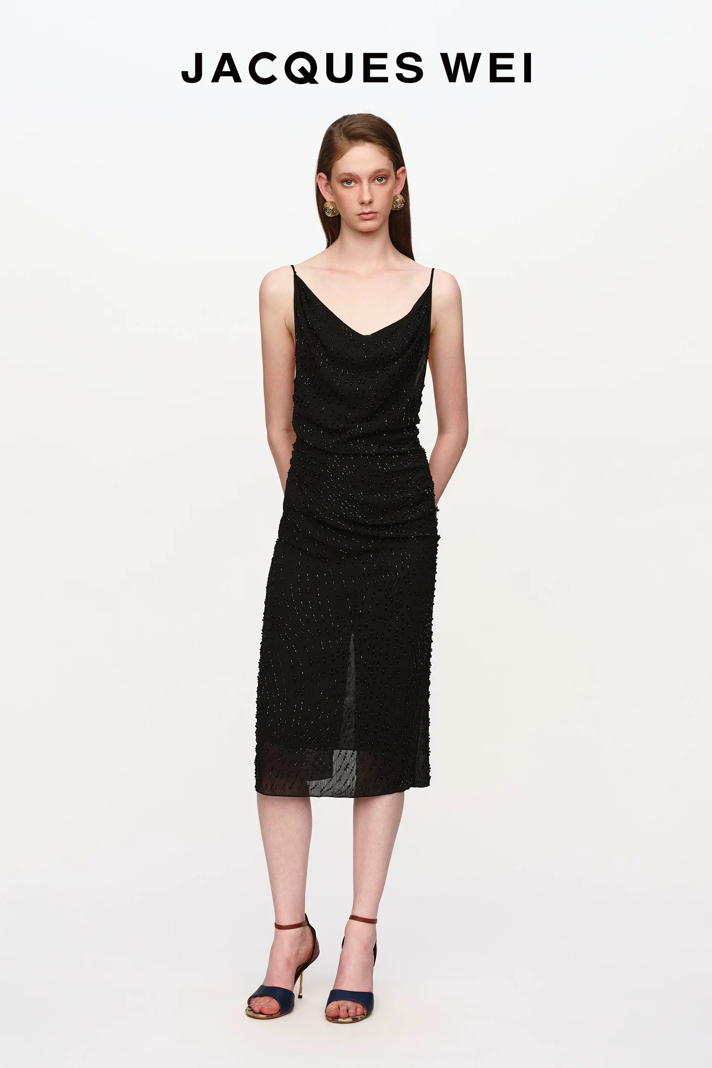 Black Beaded Draped Halter Dress