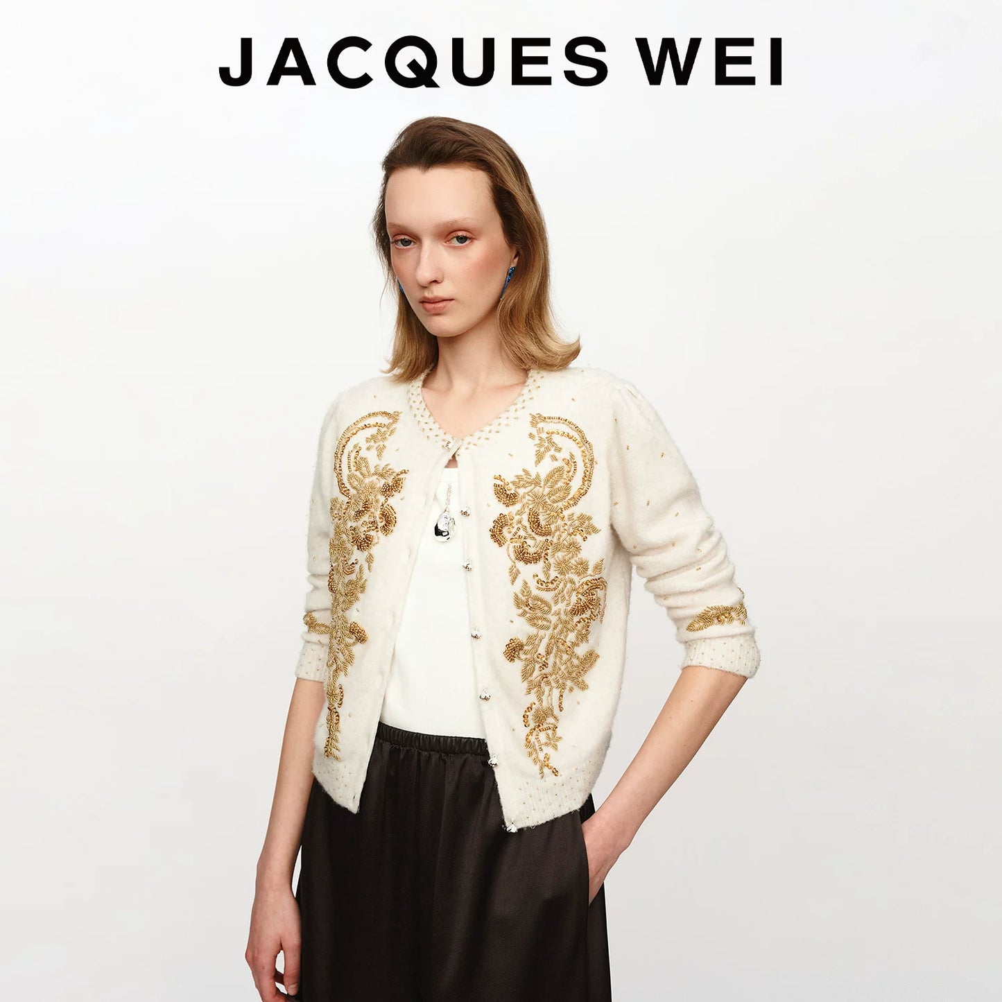 White Platinum Floral Beaded Wool Cardigan
