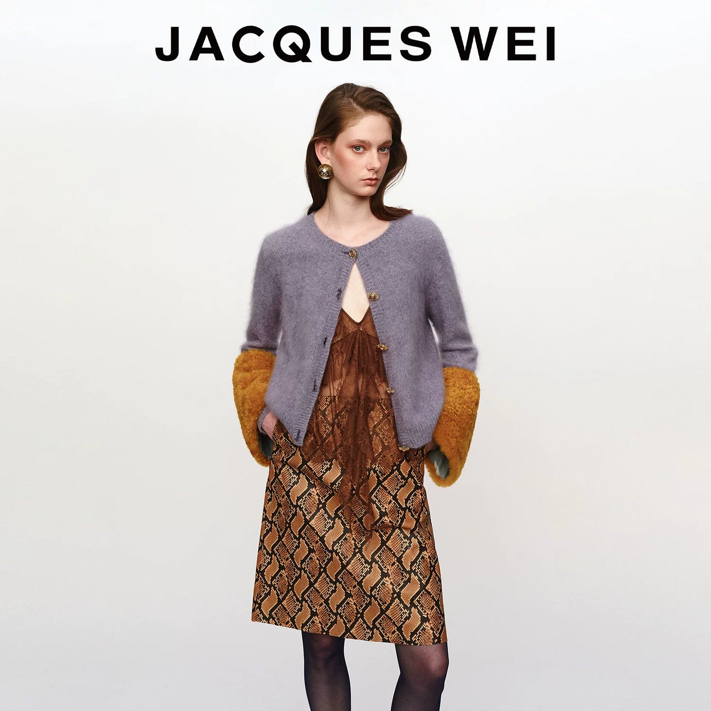 Brown Snake Embossed Leather Midi Skirt