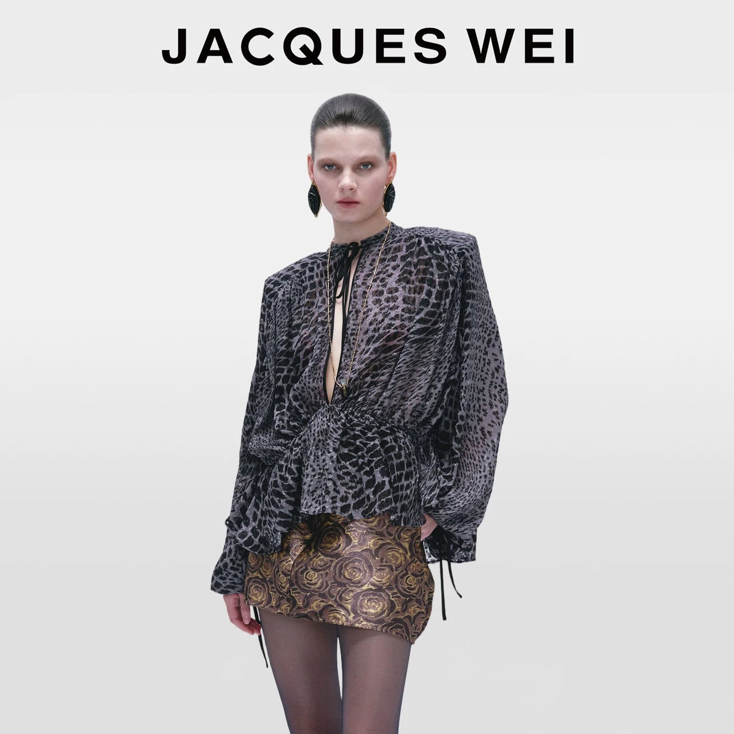 Dark Grey Fish Scale Print Silk Blouse