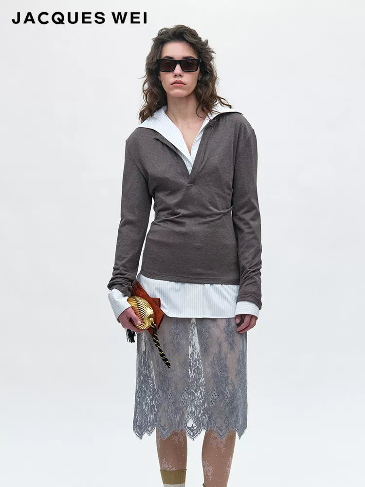Grey Draped Pleated Midi Skirt