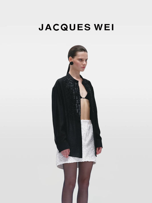 Black Crocodile-Embossed Beaded Collarless Shirt