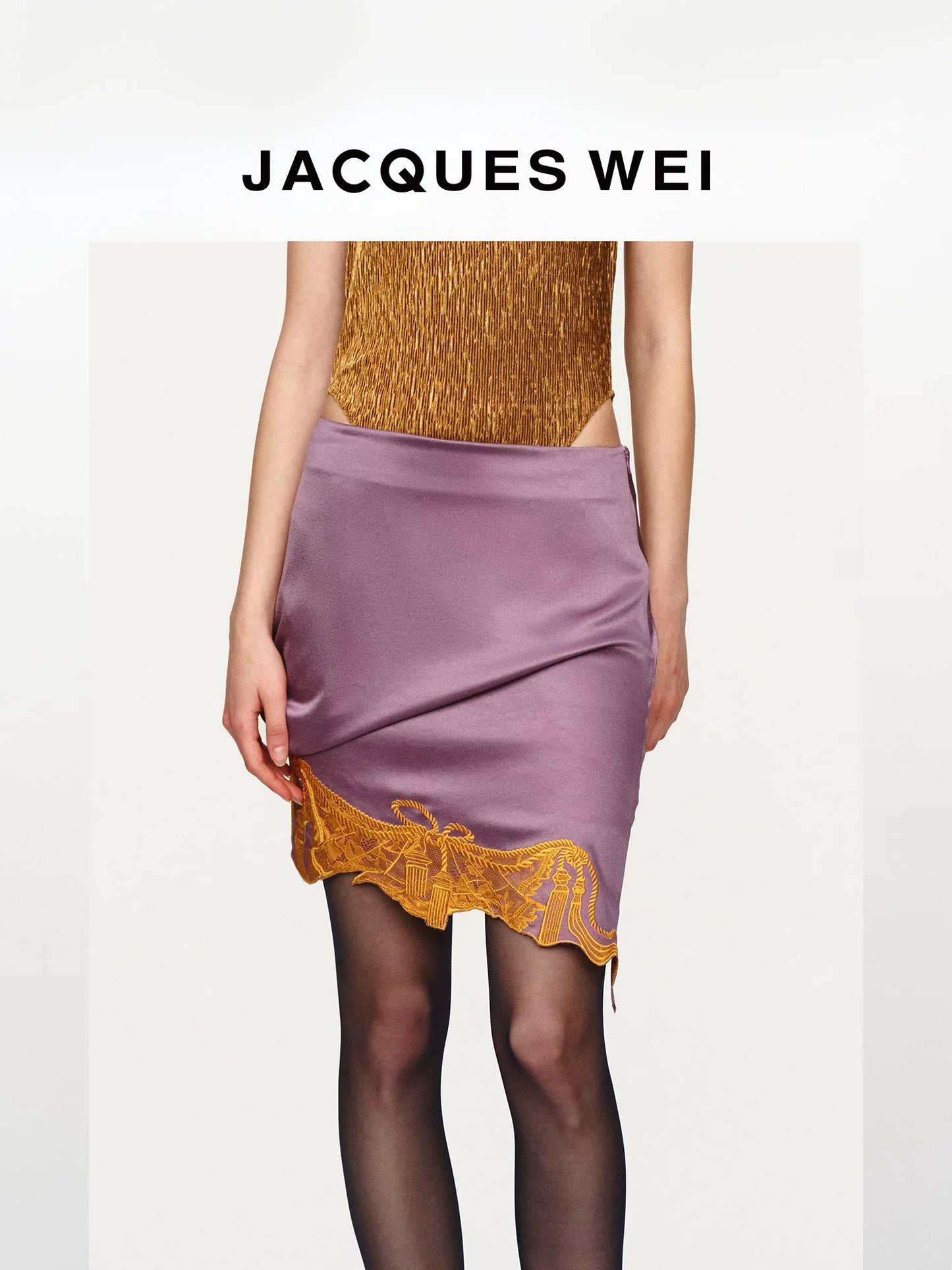 Contrast Lace Embroidered Twist Knot Satin Midi Skirt