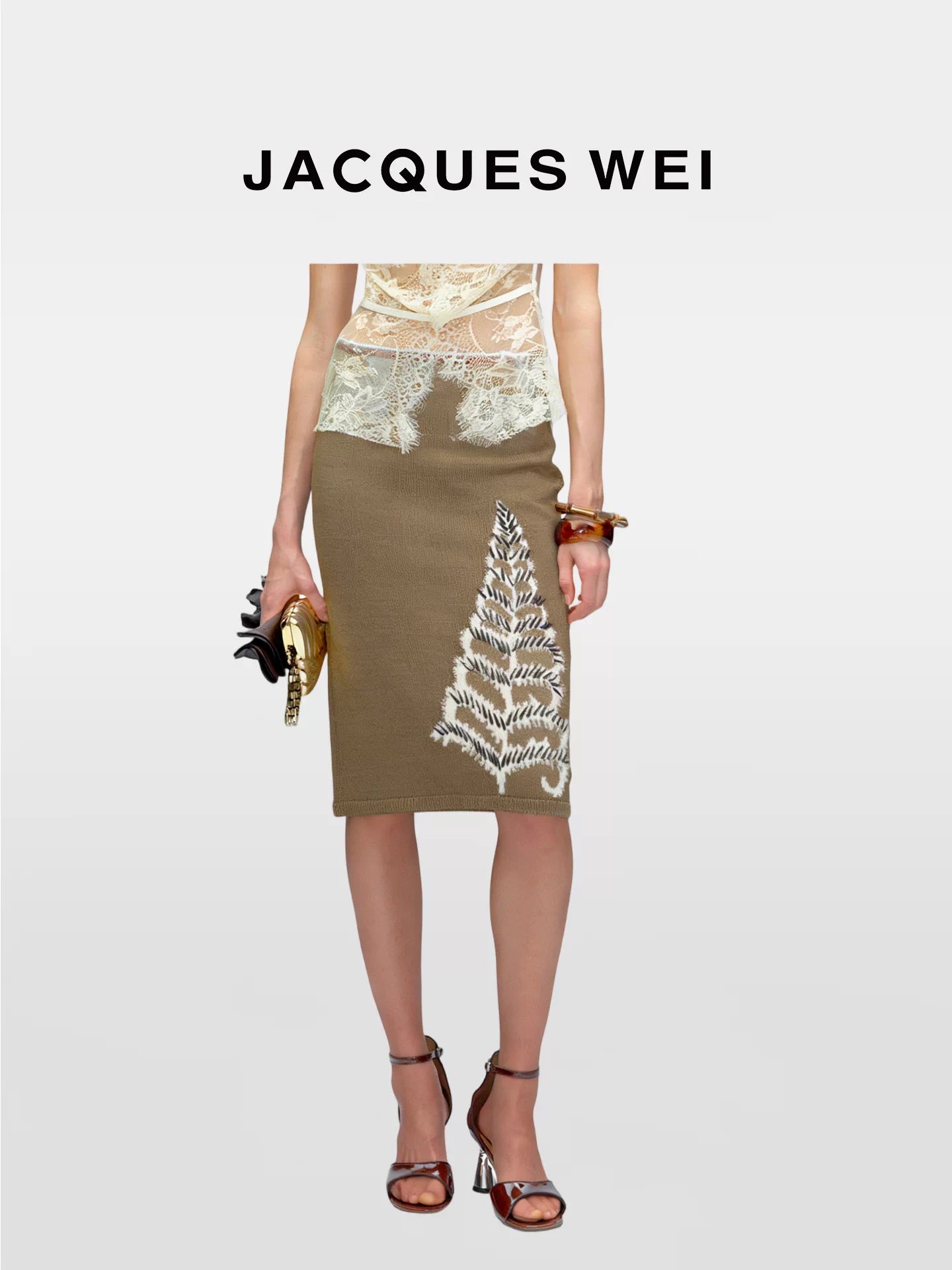 Dark Gold Floral Pointelle Knit Midi Skirt