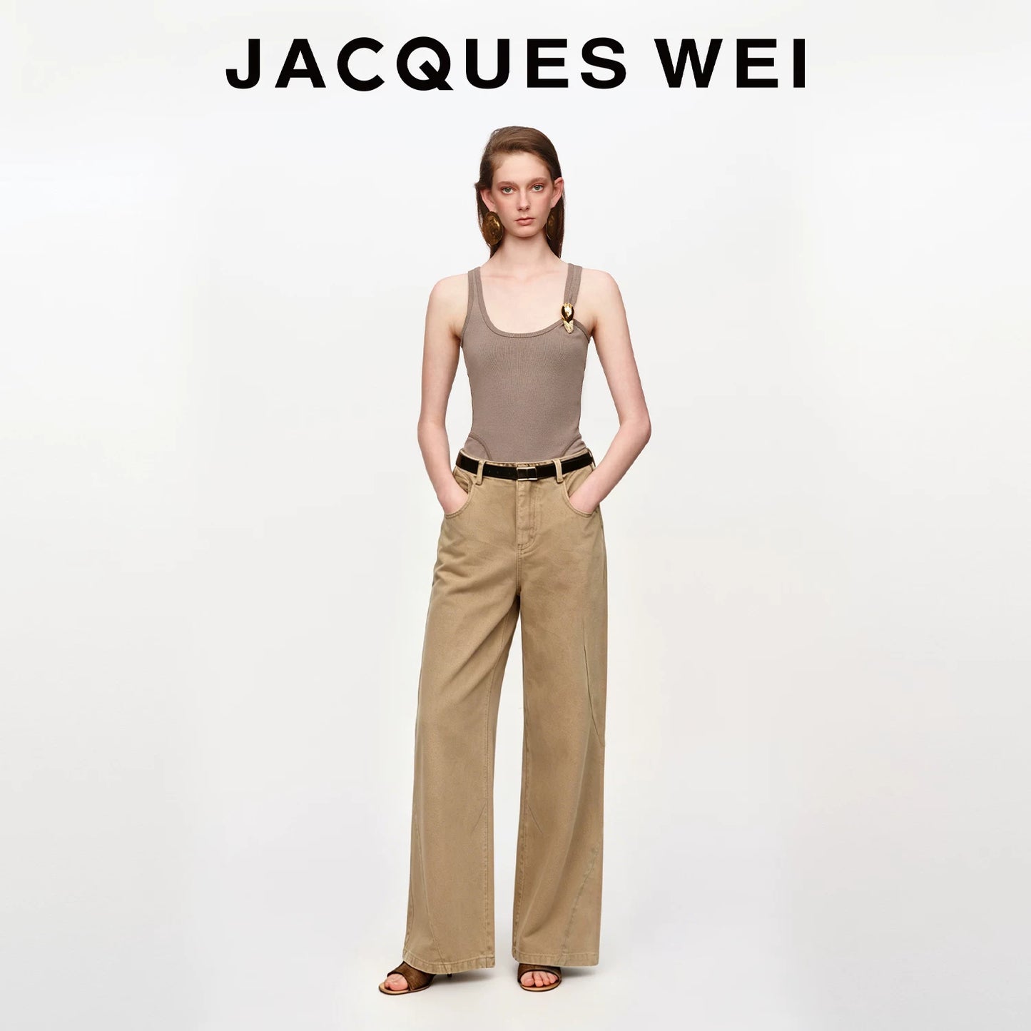 Khaki Casual Wide-Leg Trousers
