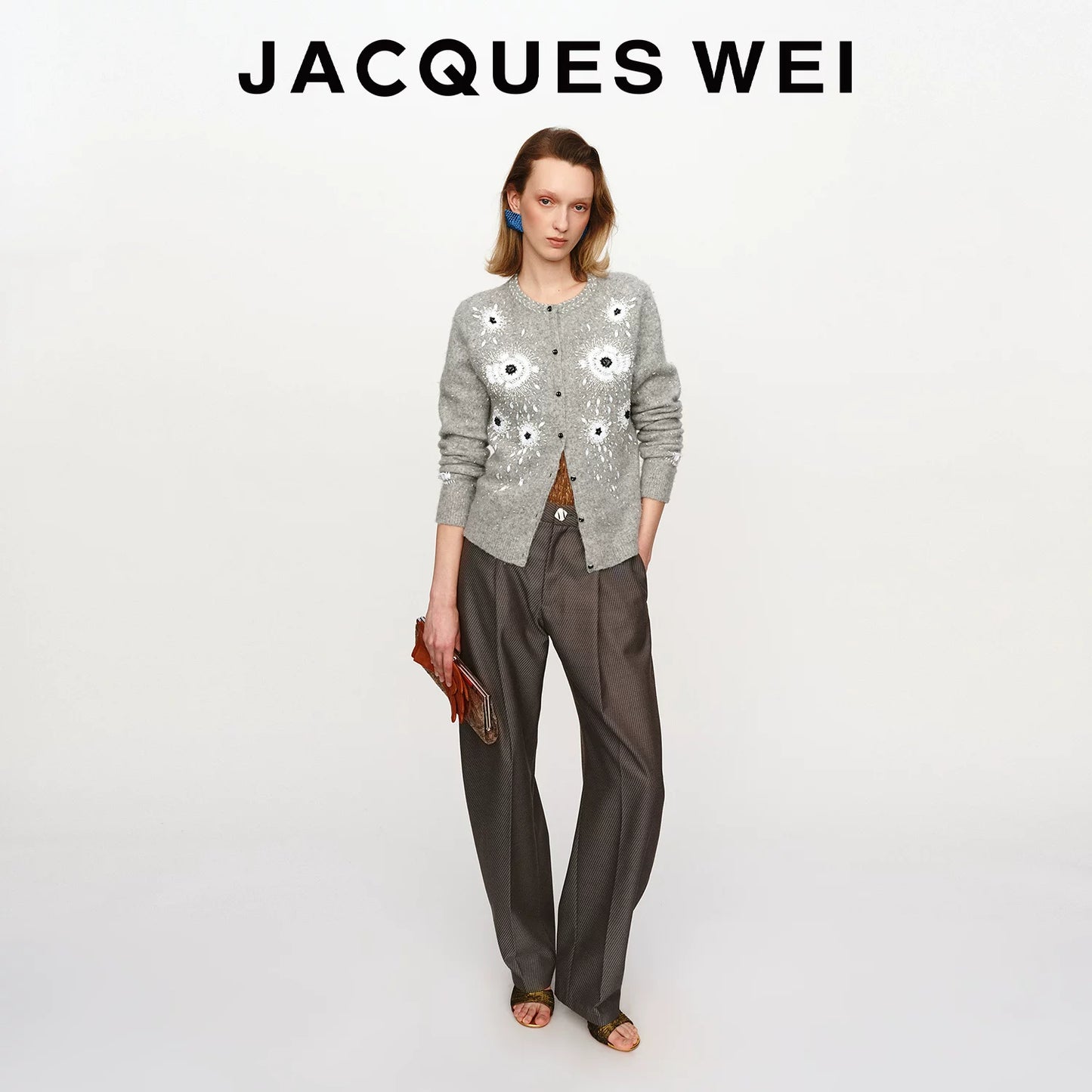 Gray Floral Beaded Wool Cardigan