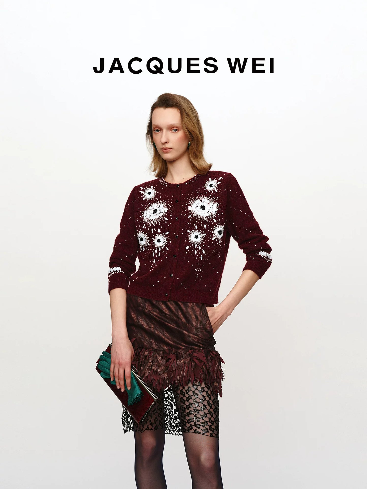 Burgundy Floral Lace-Trim Sheer Sequin Skirt