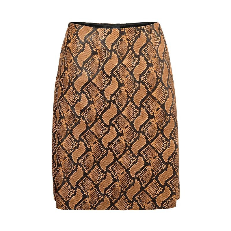 Brown Snake Embossed Leather Midi Skirt