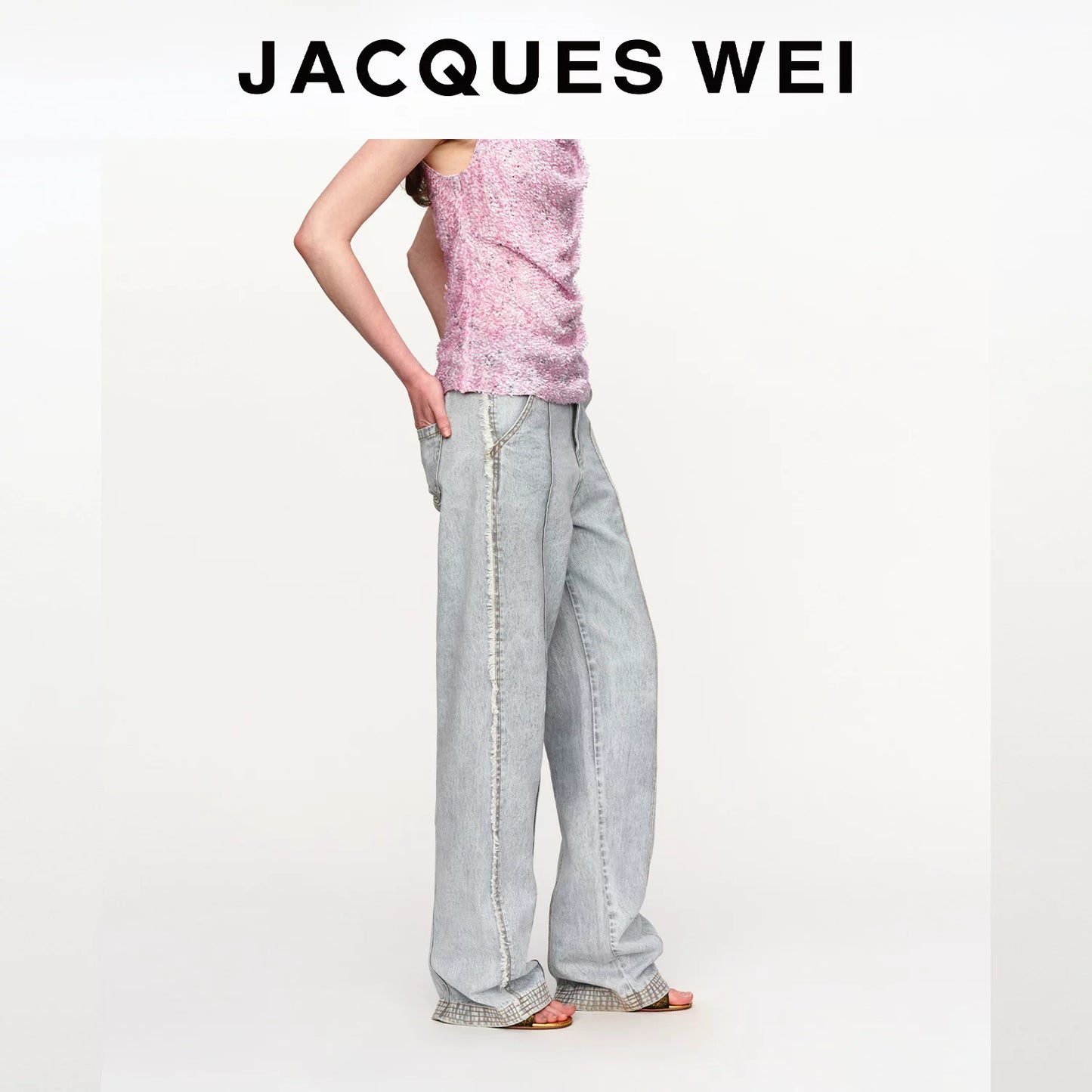 Light Gray Frayed Straight-Leg Jeans