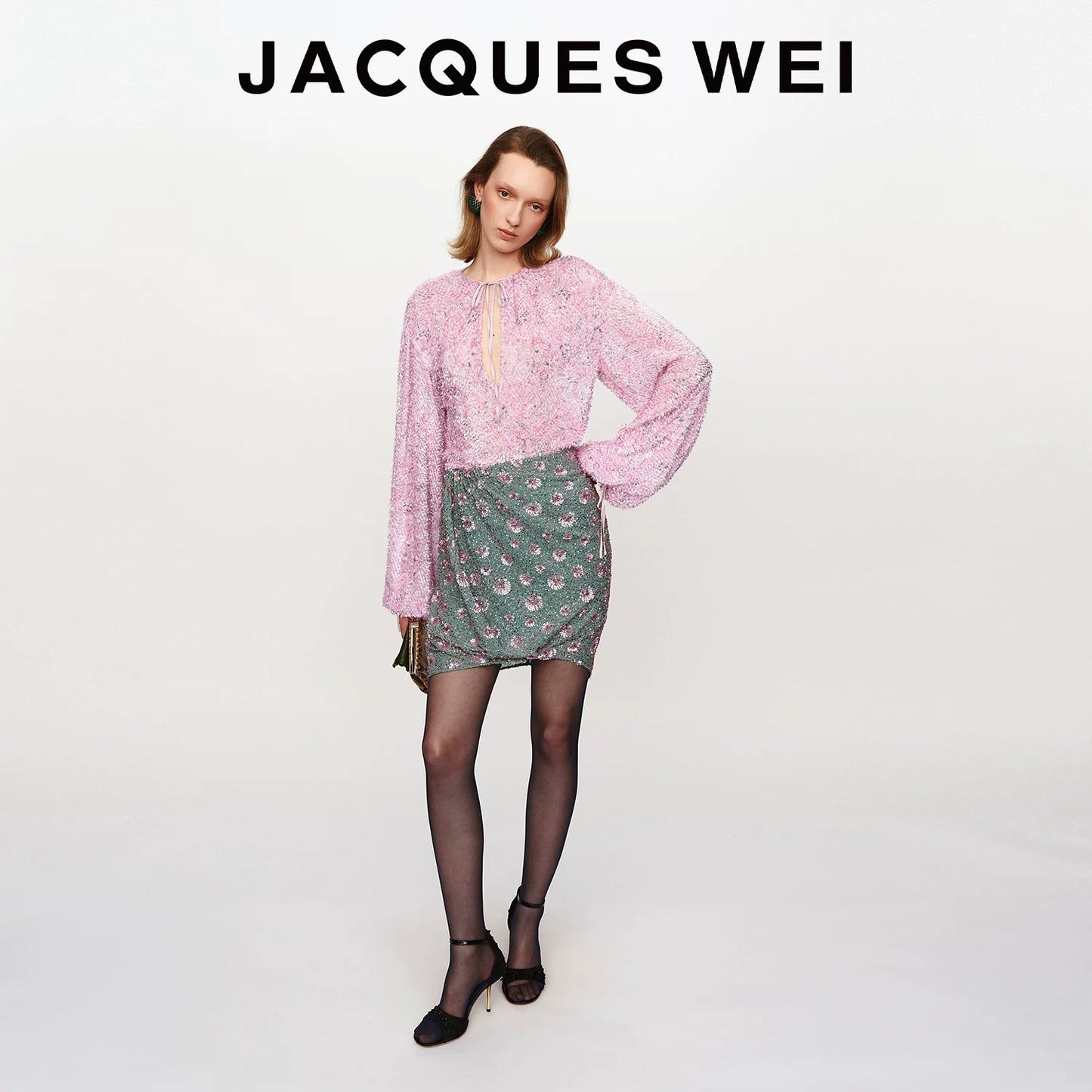 Pink Frayed Silk-Blend Irregular V-Neck Tie Blouse
