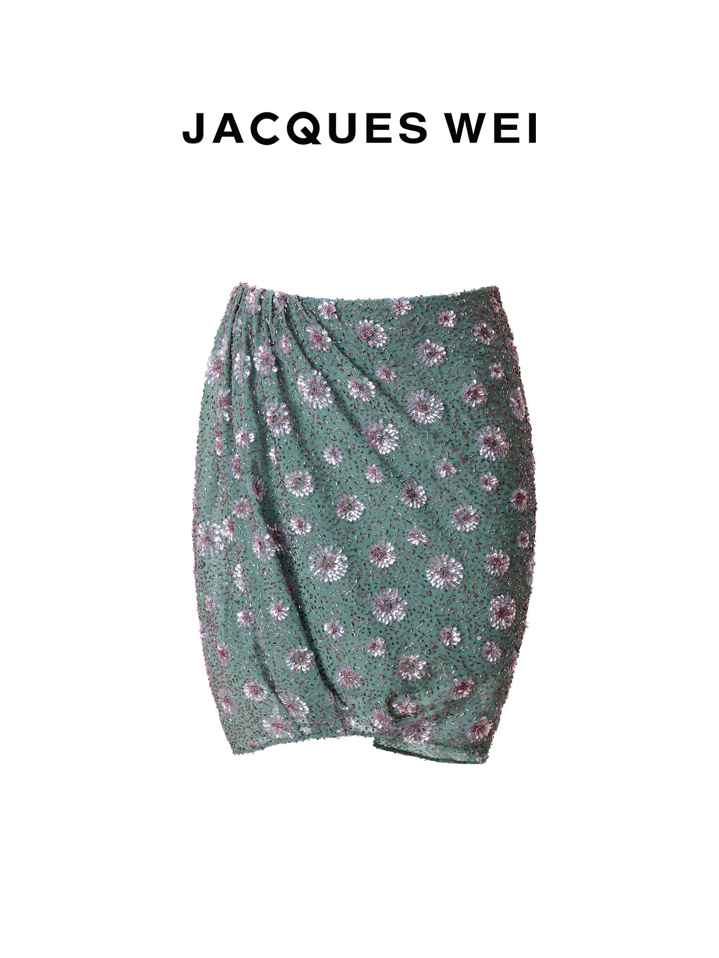 Aqua Green Sequin-Embroidered Pleated Skirt