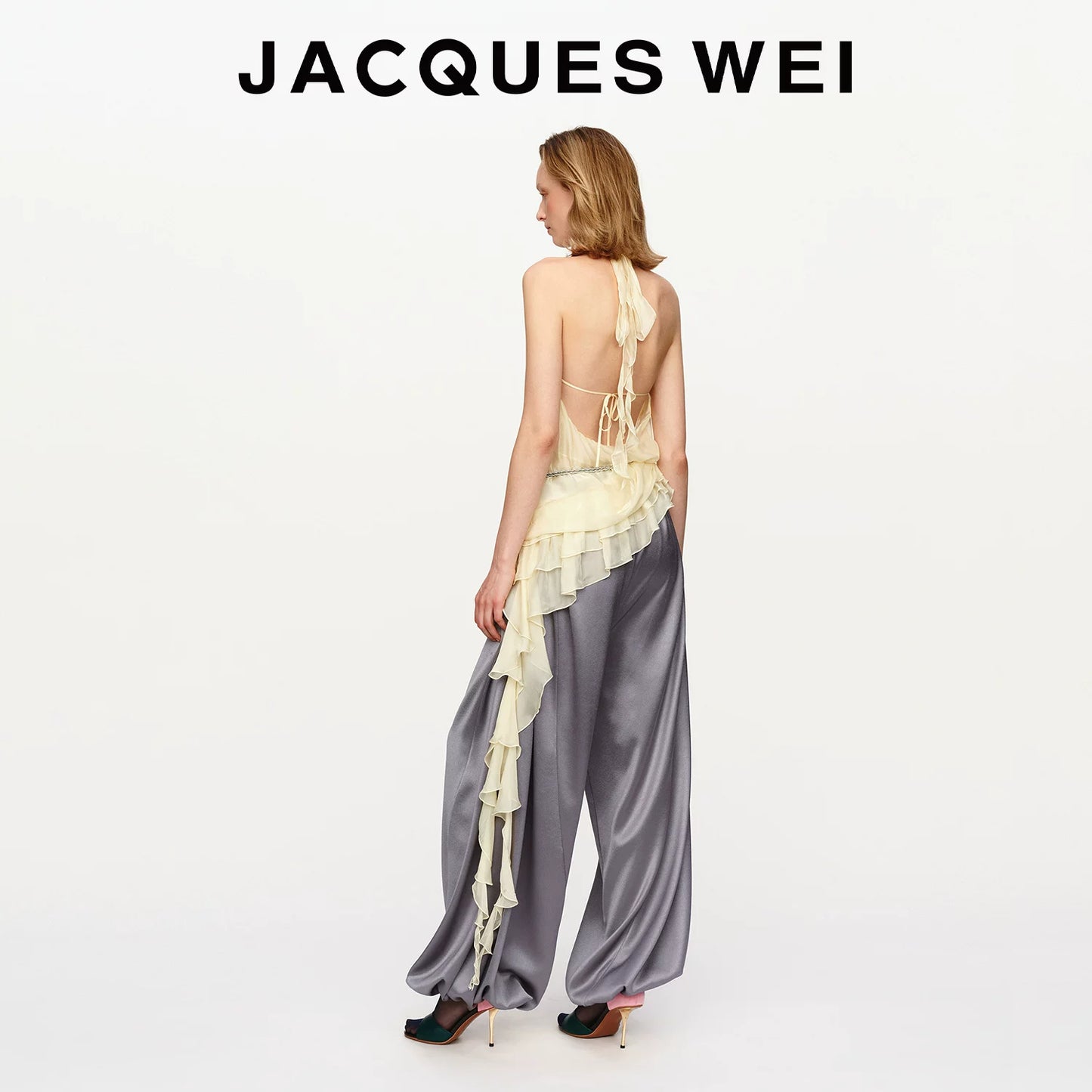 Leather Panel Drawstring Silk Trousers