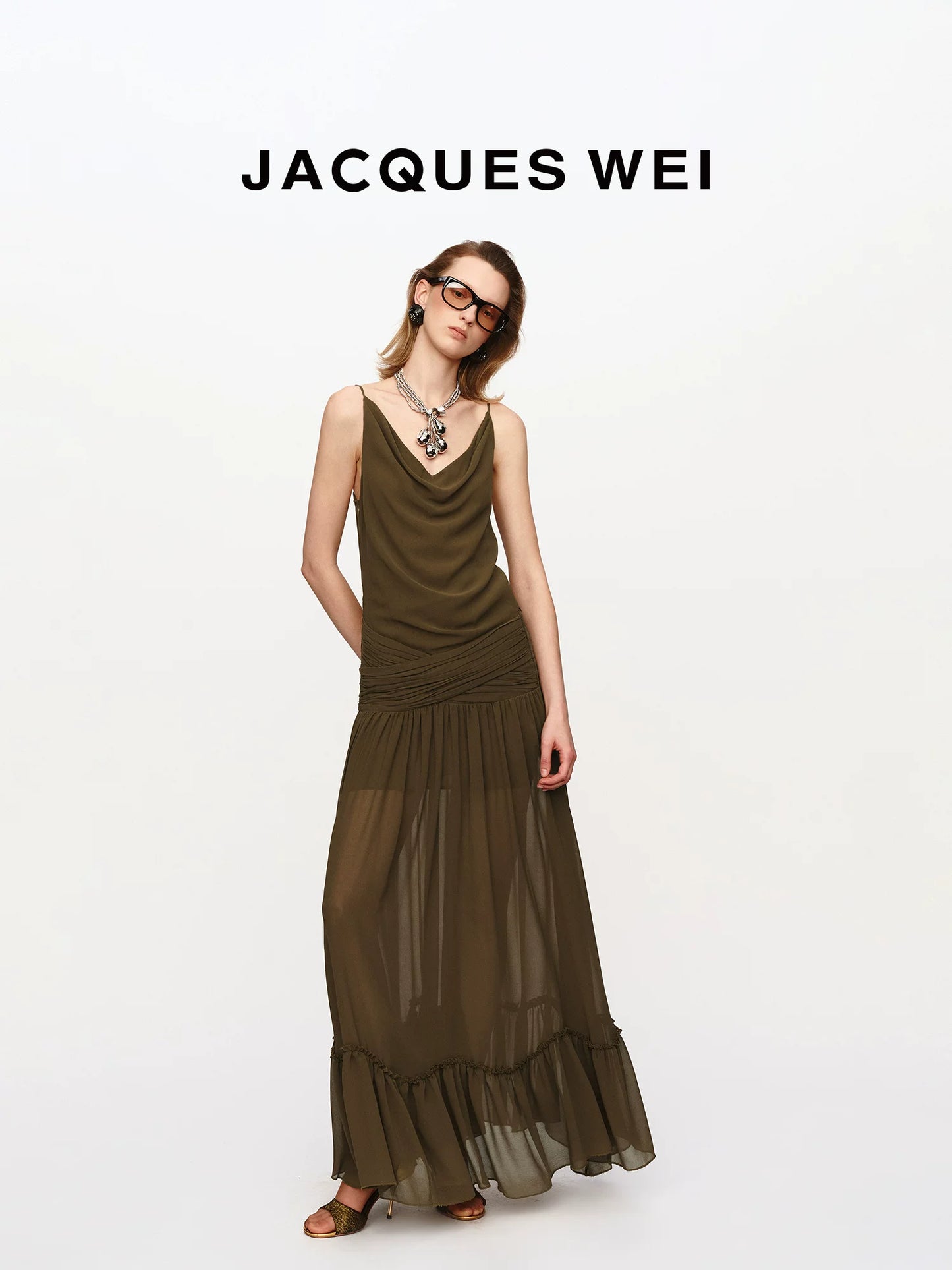 Olive Green Ruched-Waist Sheer Suspender Dress