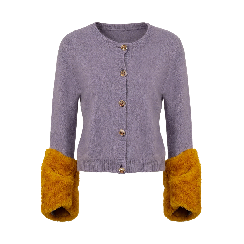 Purple Merino Wool Cardigan with Detachable Lambskin Sleeves