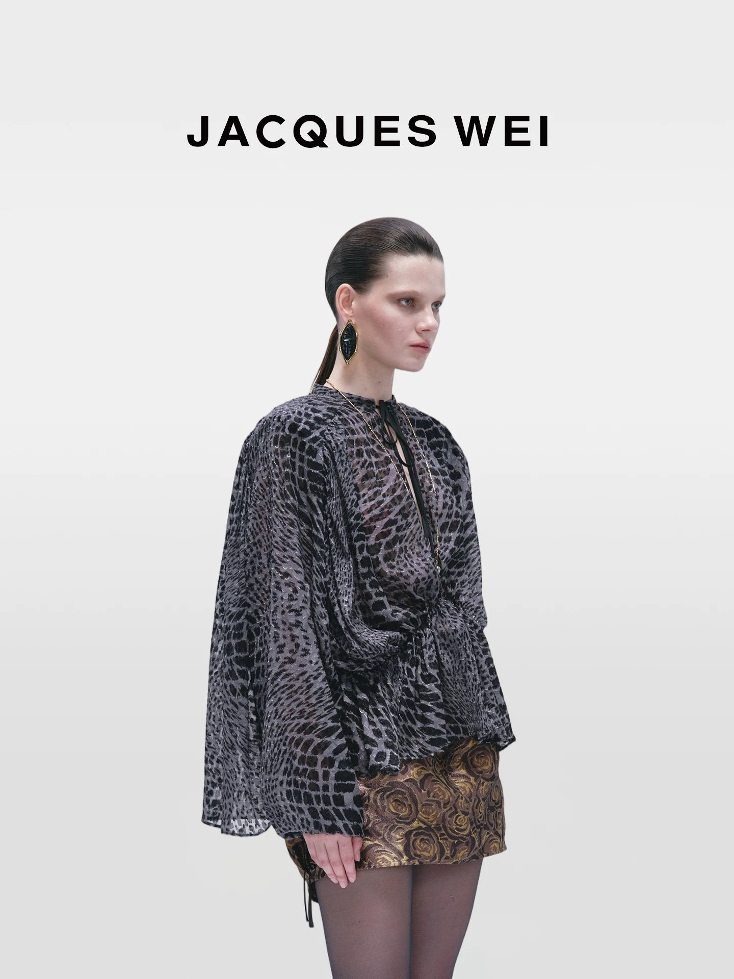 Dark Grey Fish Scale Print Silk Blouse