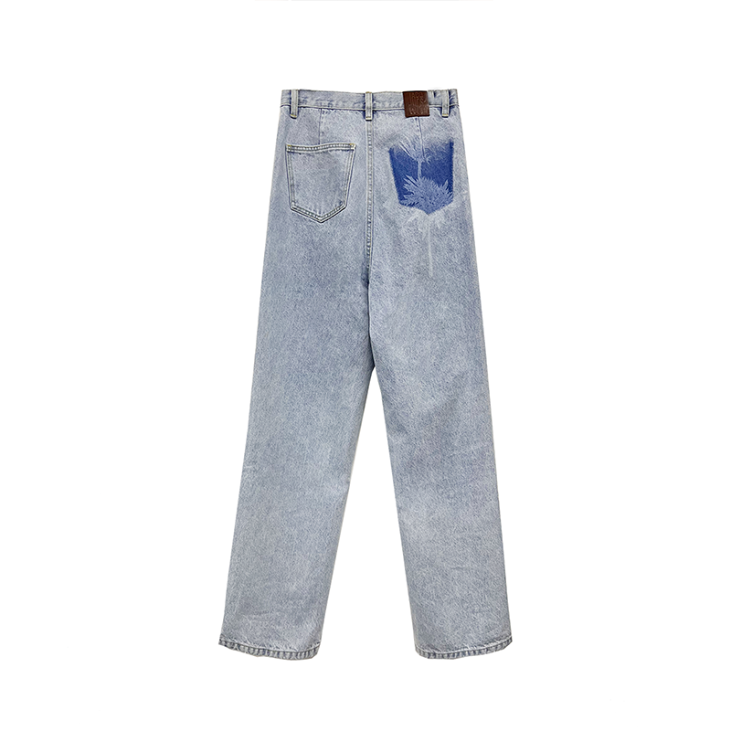 Washed Distressed Laser-Embroidered Straight-Leg Pants