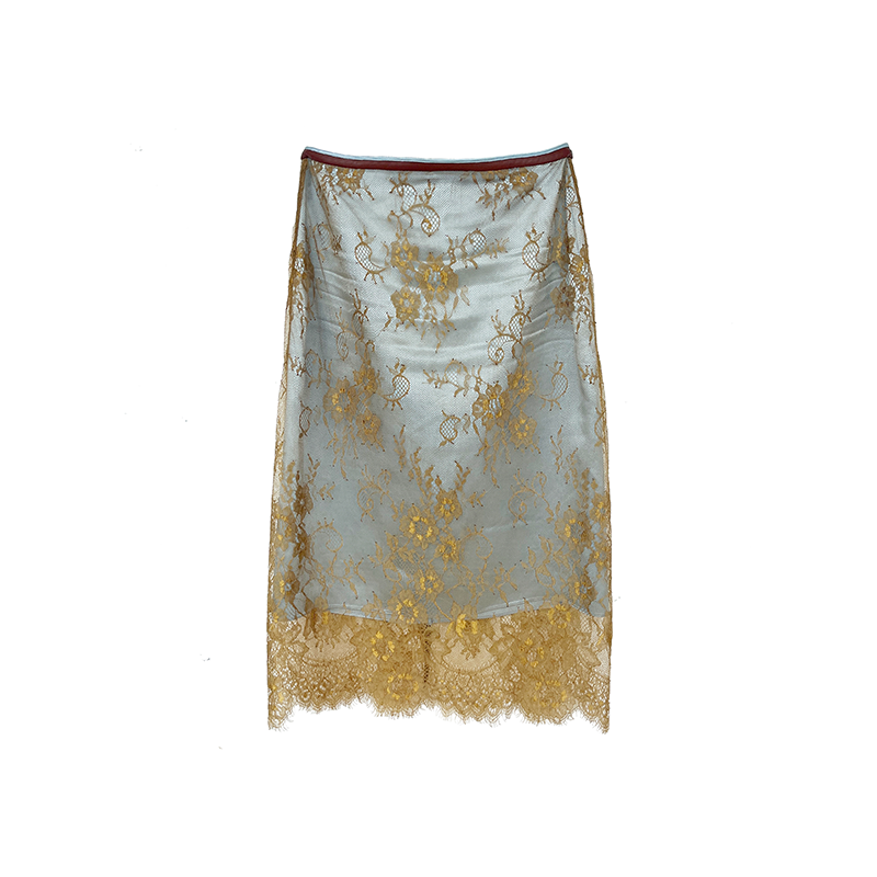 Brown &amp; Green Color-Block Lace Draped Midi Skirt