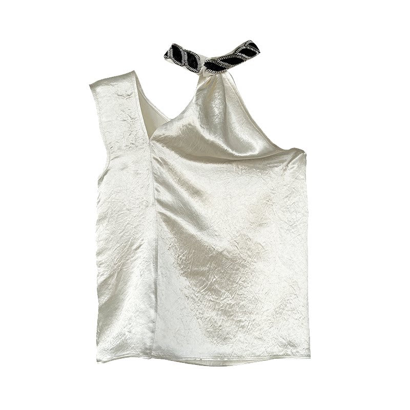 White Satin One-shoulder Halterneck Camisole Tank Top
