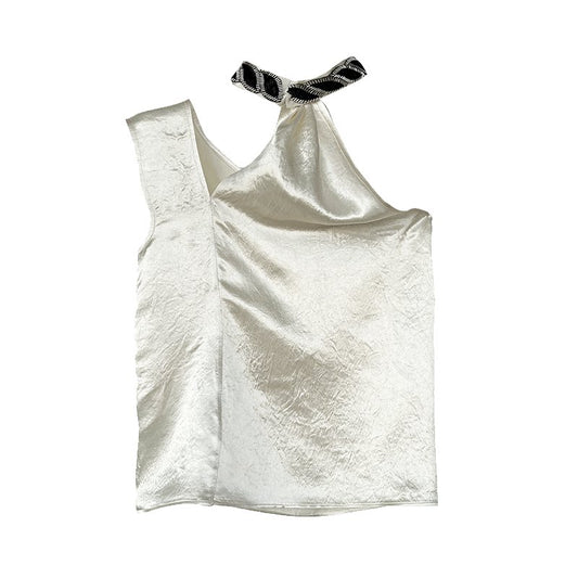 White Satin One-shoulder Halterneck Camisole Tank Top