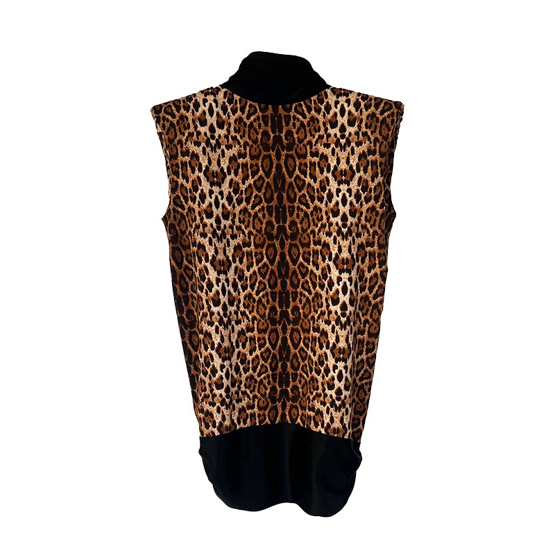 Leopard Print Sleeveless High Neck Mock Neck Split Open Back Layering Outerwear Top Vest Women