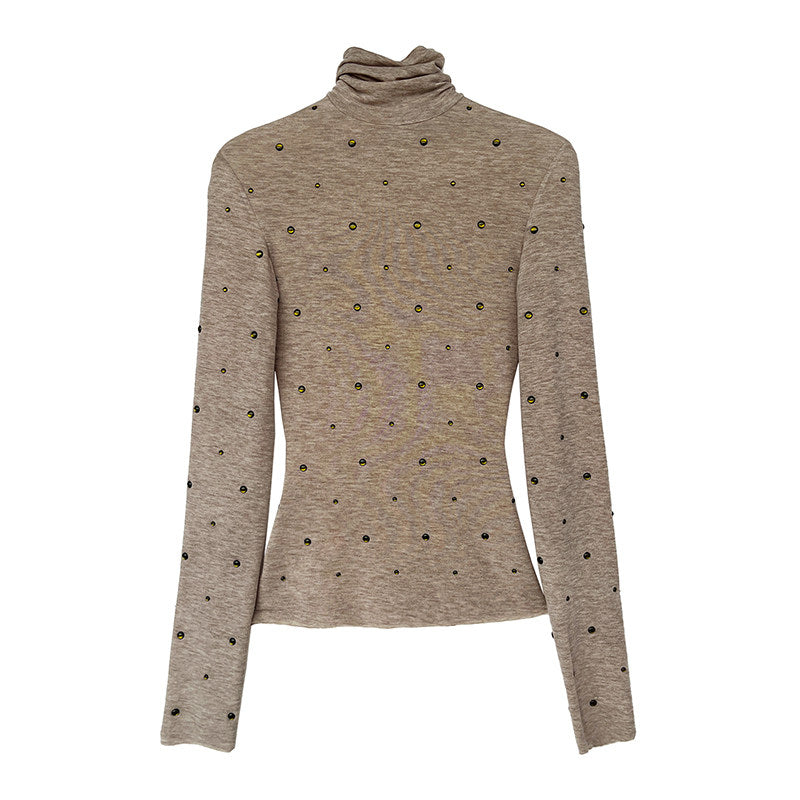 Light Khaki Rhinestone Slim Turtleneck Wool-Blend Top