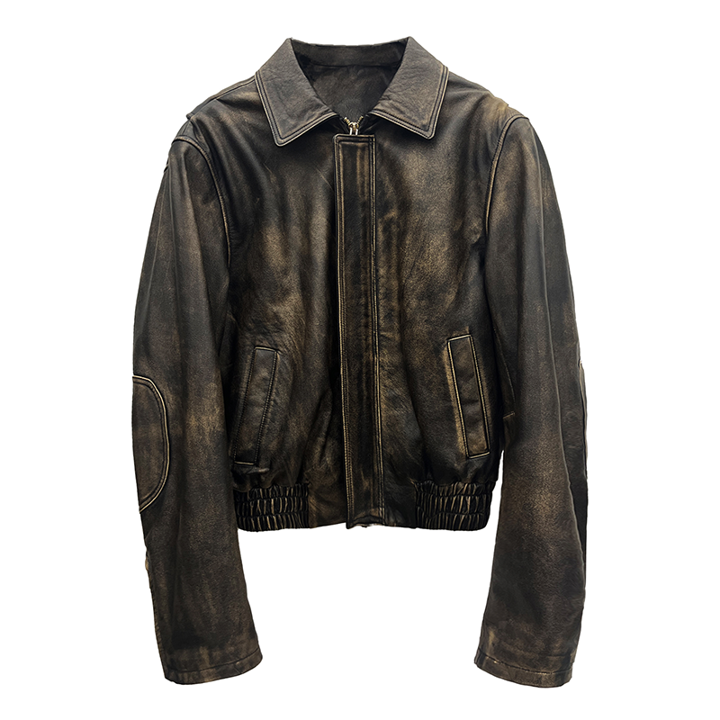 Street-style Vintage Distressed Leather Moto Jacket (Women)