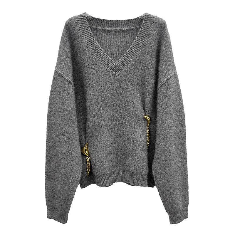 Minimalist Grey Gold-Button Wool-Blend Knit Jumper