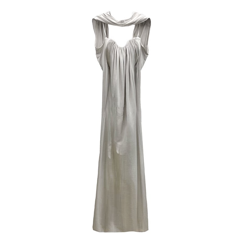 Zebra Print Embroidery Halter Open Back Dress High Sense White Gray Women Long Dress
