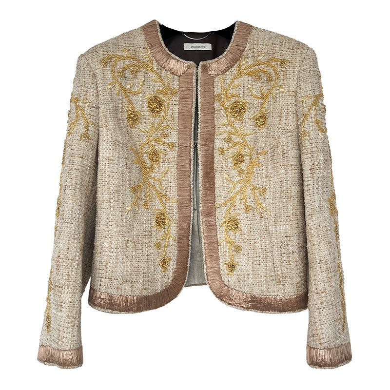 Beige Handmade Embroidered Beaded Slim Fit Short Jacket