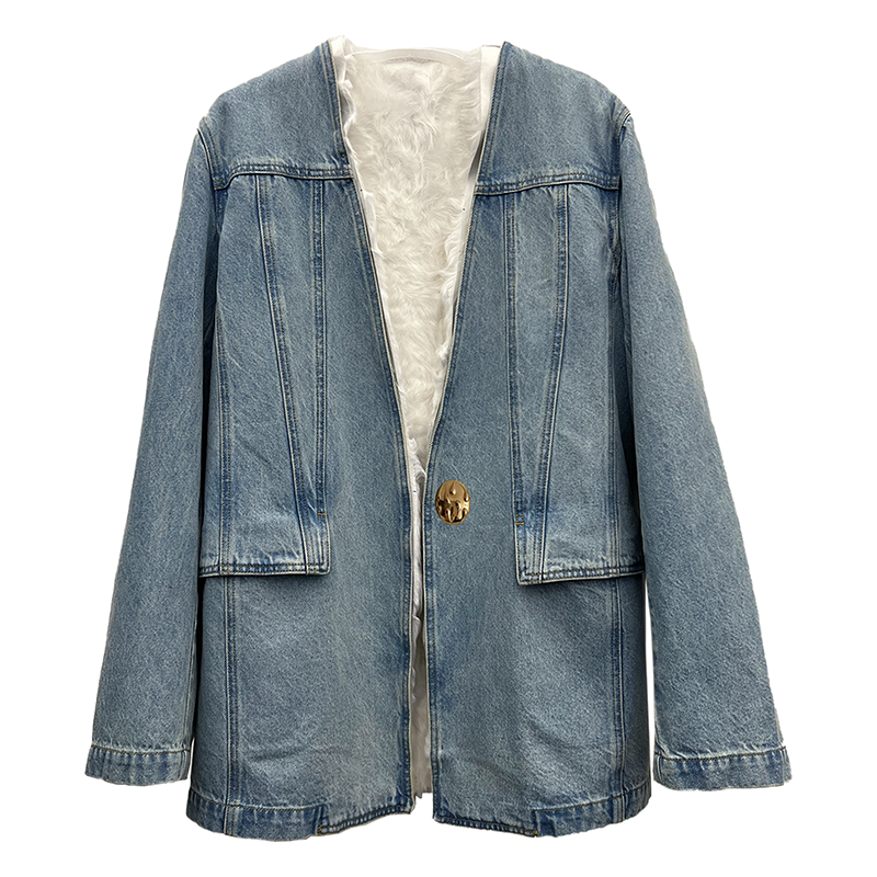 Women's Minimalist Design Denim Collarless Jacket Coat with Fur Inner Lining