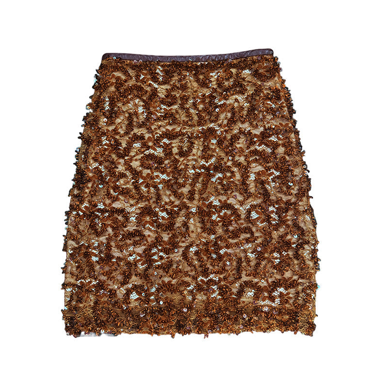 Amber Brown Lace Beaded Slit Midi Skirt - Women's Slim Waist Belt