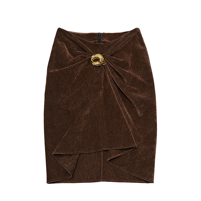 Dark Brown Horsehair Gold Buttons Ruched Velvet Midi Skirt