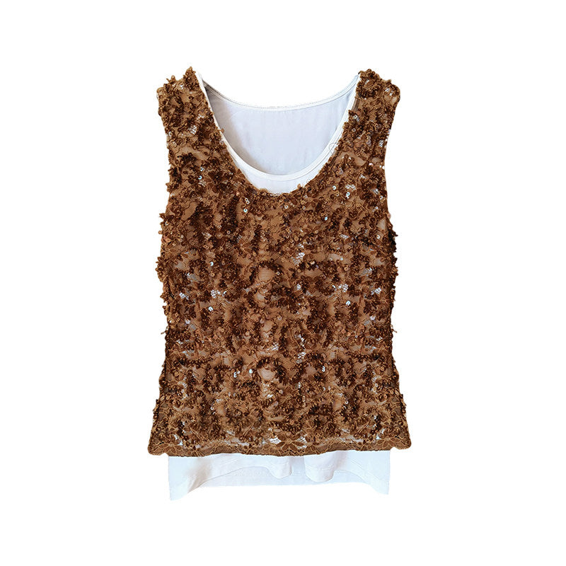 Amber Brown Beaded Double-Layer Lace Camisole