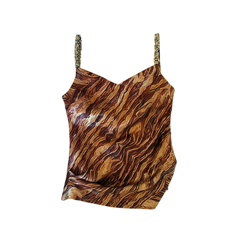 Amber Brown Zebra Print Beaded Camisole - Women's Tank Top