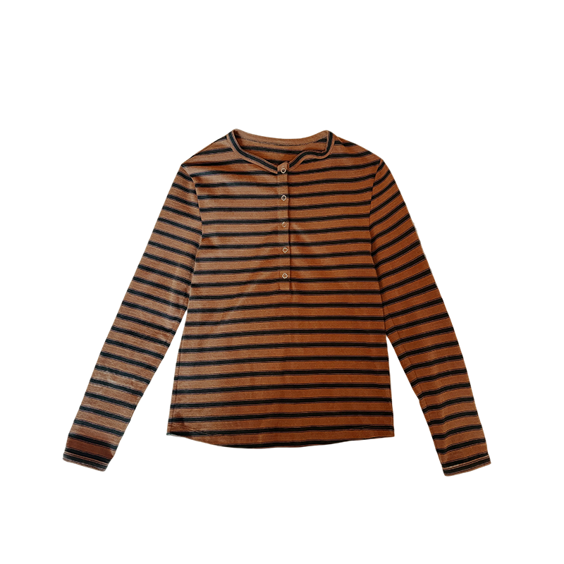 Brown Distressed Wave Collar Striped Long-Sleeve Tee
