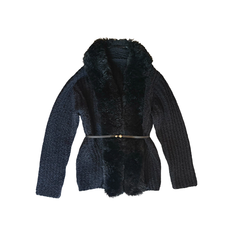 Women's Black Wool Cardigan with Fur Collar &amp; Knitted Waistbel