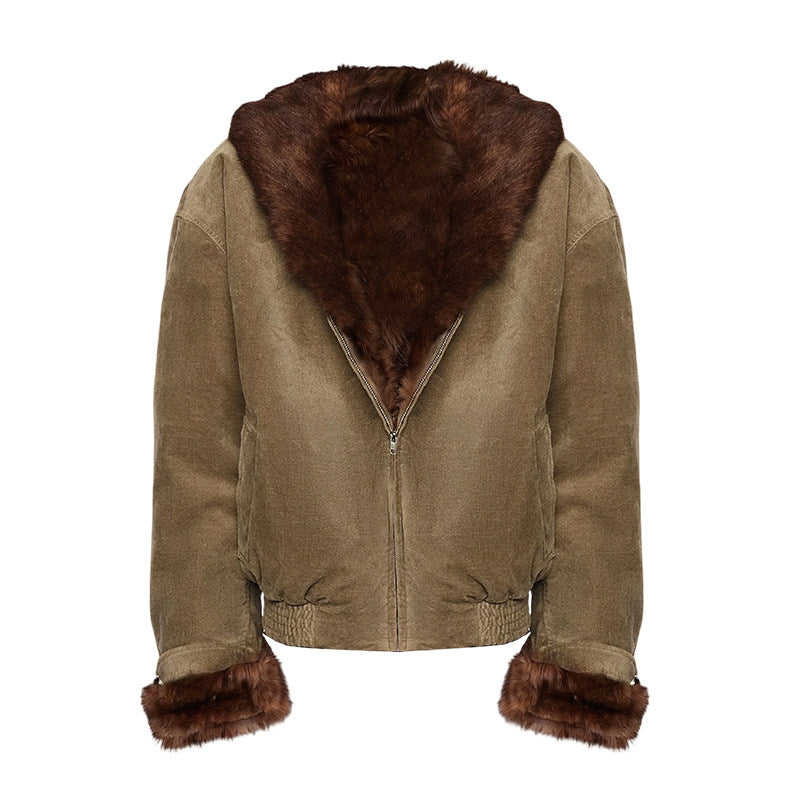 Gray-Green Brushed Fur Collar Short Warm Jacket