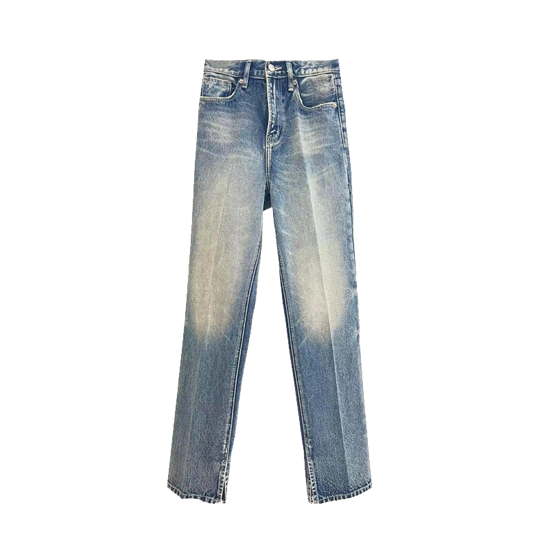 Washed Distressed Laser-Embroidered Straight-Leg Pants