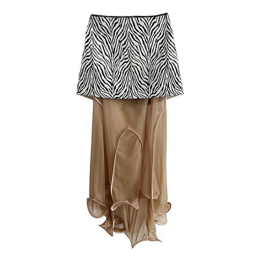 Women's Skirt - Silver Gray Gradient Sheer with Faux Fur Trim & Zebra Print