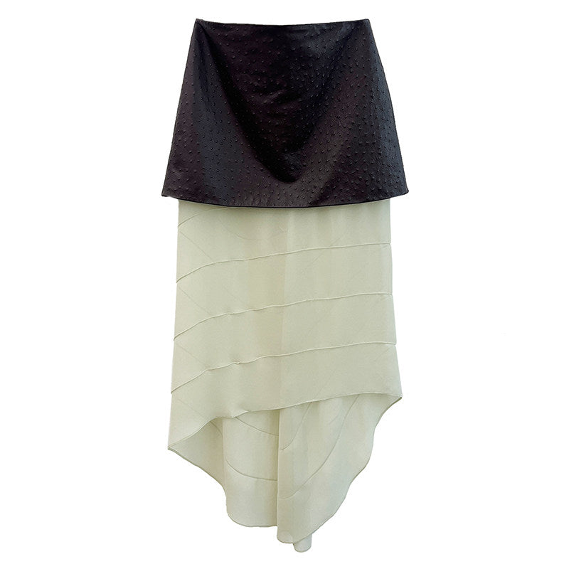 Ostrich-Embossed Leather &amp; Mesh Paneled Skirt