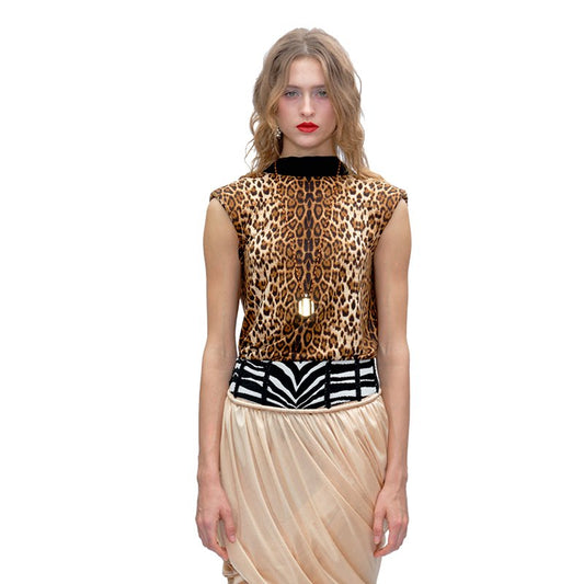 Leopard Print Sleeveless High Neck Mock Neck Split Open Back Layering Outerwear Top Vest Women
