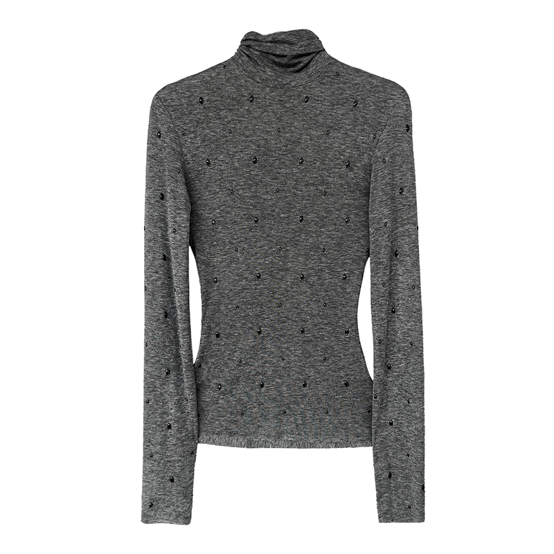 Light Khaki Rhinestone Slim Turtleneck Wool-Blend Top